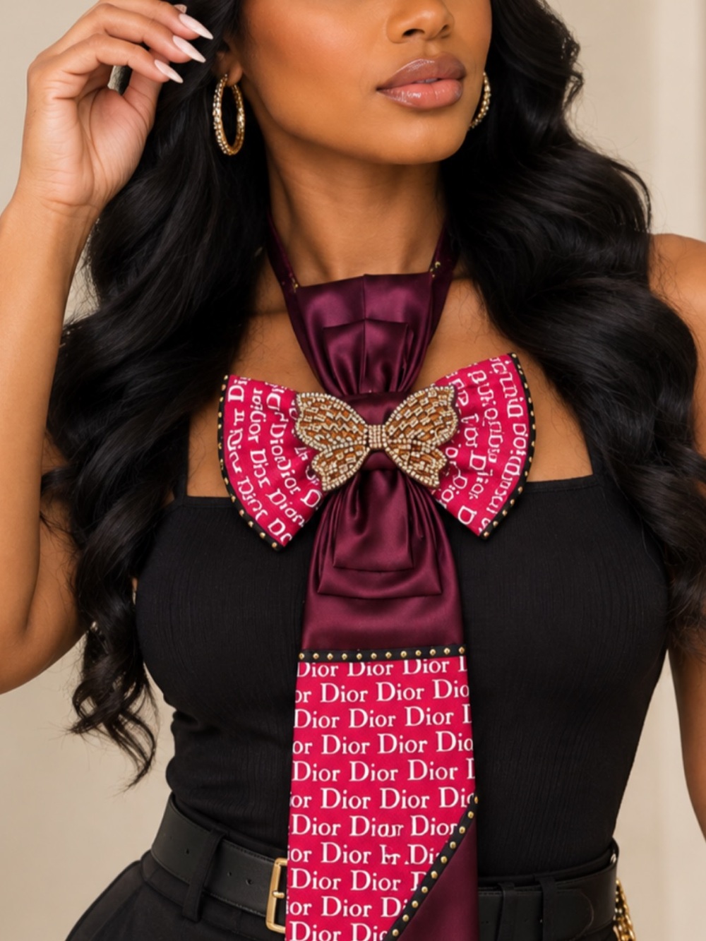 Dior Burgundy and Logo Satin Bow Necktie necklace with Jeweled Butterfly